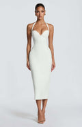 2026New spring and summer collection: lace-trimmed halter-neck midi dress with lace patchwork, a fitted silhouette, and a fishbone-shaped waist design that accentuates the hips