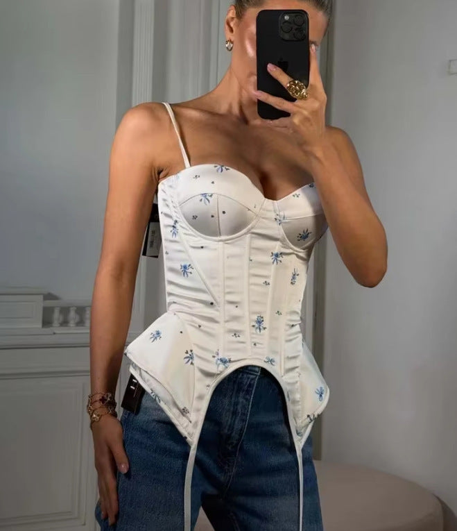 American-style summer retro top, blue floral print, women's fishbone corset-style camisole with a slit hem
