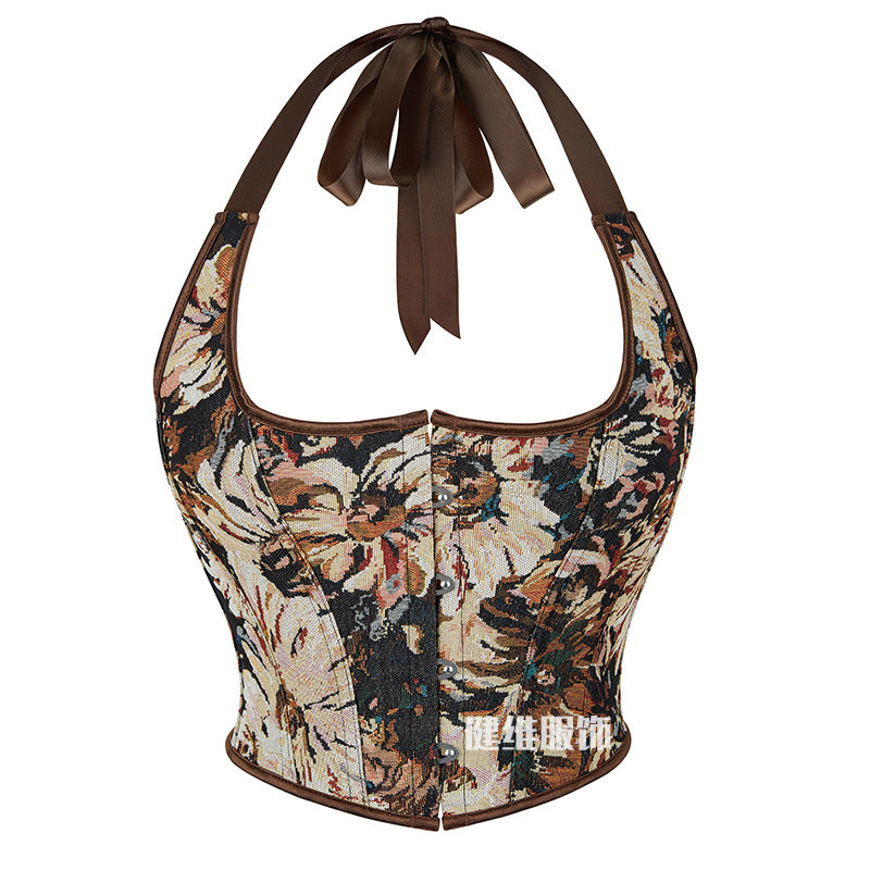 Halter Corset Oil Painting Floral Pattern Classic Vintage Print Push Up Support Bustier Women's Lace Up Fishbone Corset
