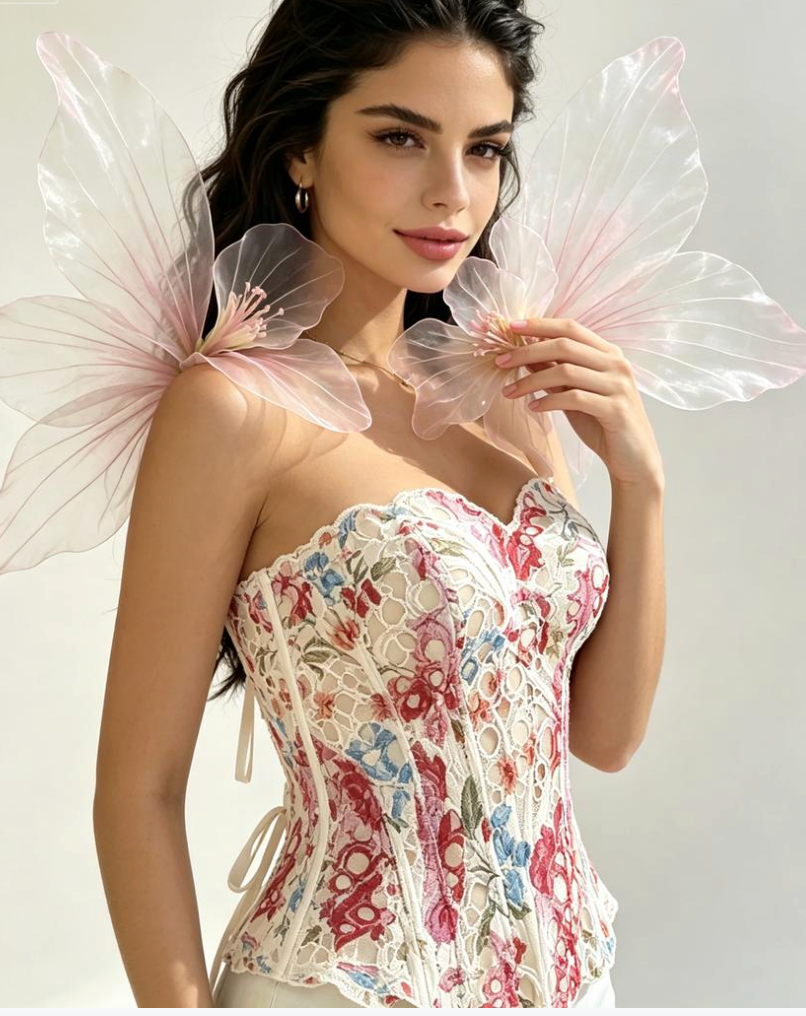 Model wearing a floral lace corset top with sweetheart neckline and lace-up back