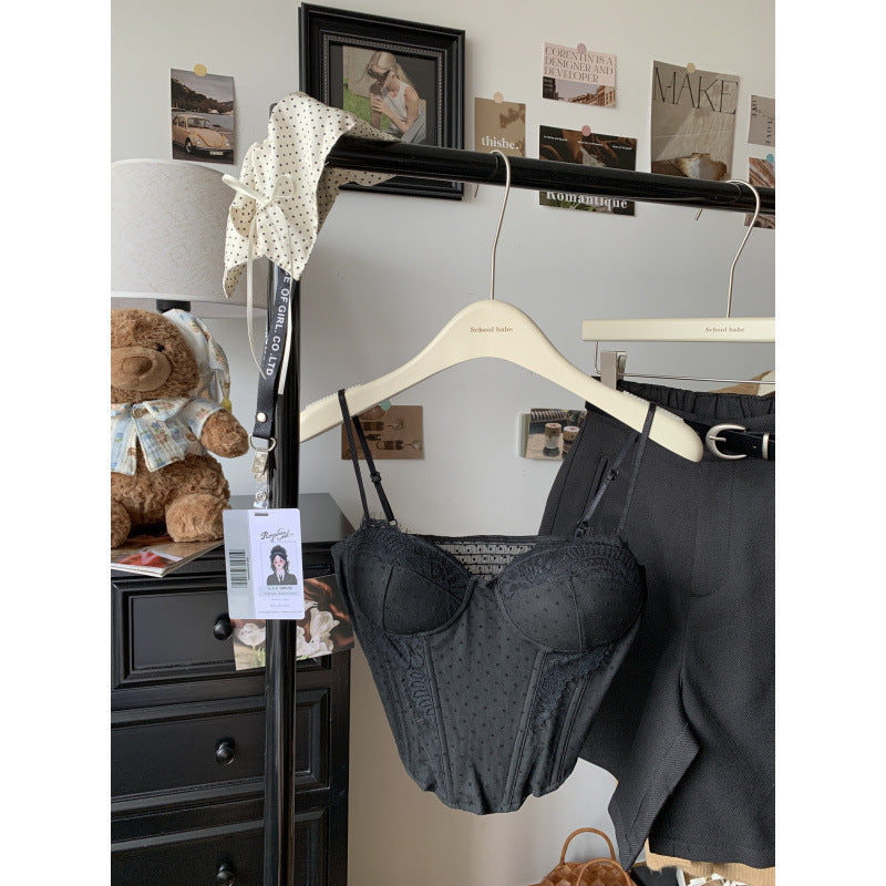 Sexy lace polka dot fishbone corset top with padded straps, waist-cinching, slimming, and back-revealing design for women