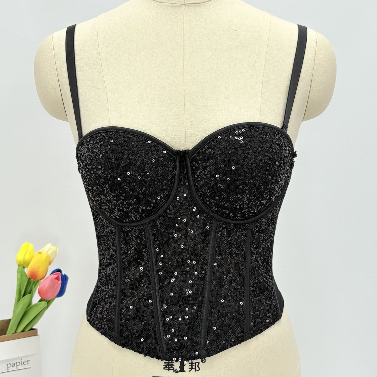 Pure desire style fishbone sequin shiny nightclub bar strapless sexy slim-fit underwire camisole for women with waist-cinching and body-shaping fishbone design