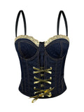 Fashionable denim lace-up drawstring fishbone corset lace camisole versatile slim-fit backless with chest pads for outerwear
