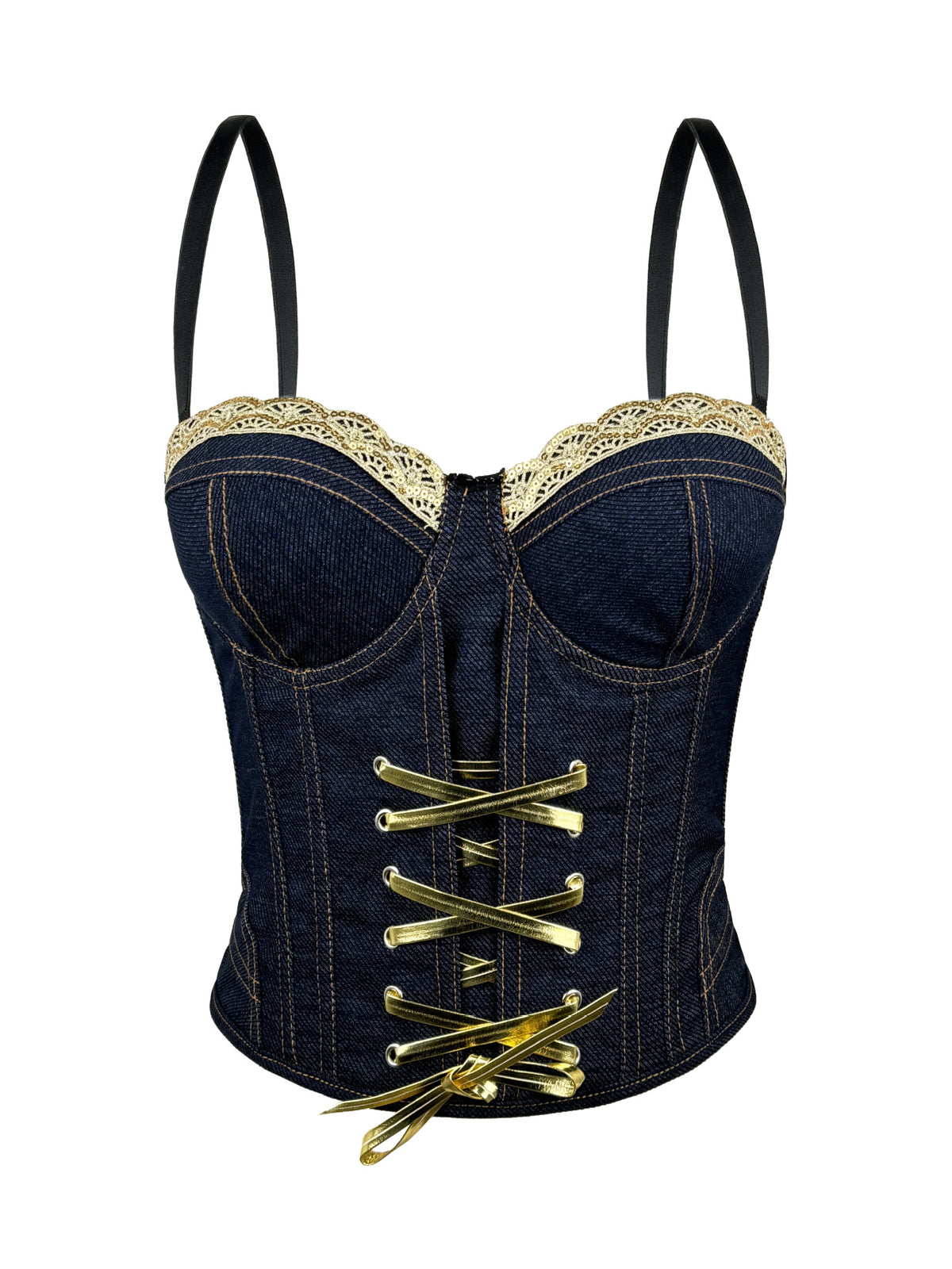 Fashionable denim lace-up drawstring fishbone corset lace camisole versatile slim-fit backless with chest pads for outerwear