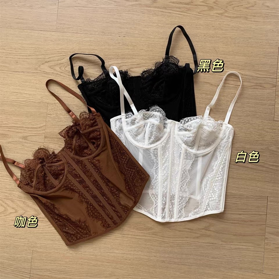 Pure Desire Lace Camisole for Women, Summer White Sexy Inner Wear, Slim Fit, Short Fishbone Top, Trendy Outerwear