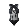 European and American style hot girl diamond-embellished mesh patchwork bustier with underwire, fishbone design, halter neck, waist-cinching, diamond-patterned sexy bodysuit for women
