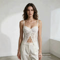 European and American style lace camisole with fishbone design, sheer and hollowed-out, featuring a slit and exposed midriff, a sexy and alluring inner top
