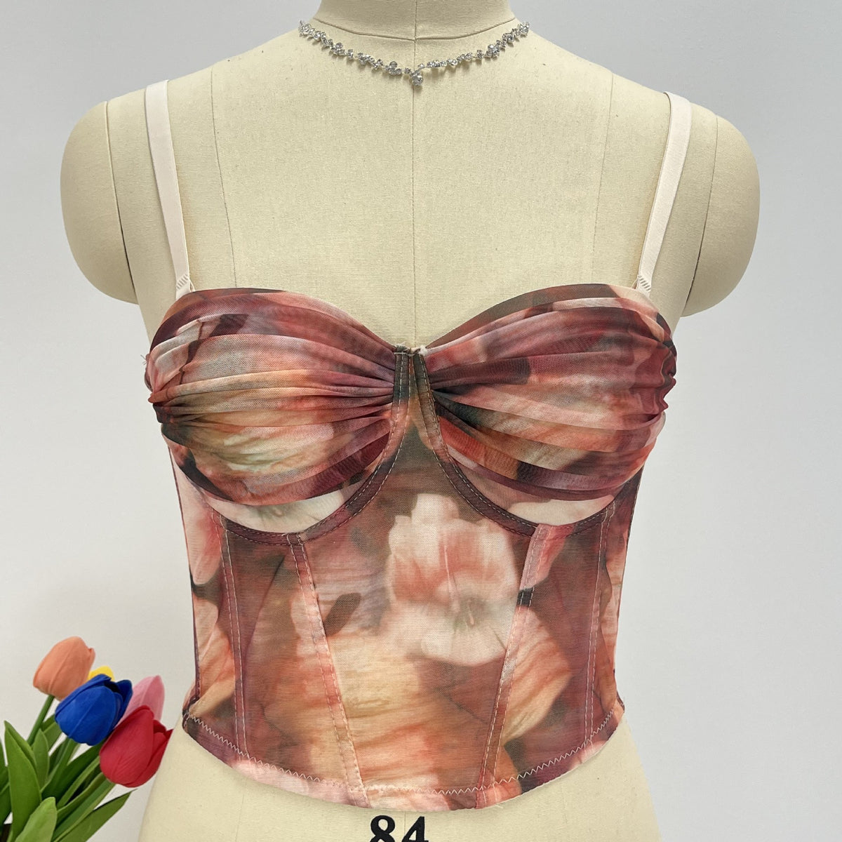 Wholesale vintage camisole with oil painting print, women's push-up bralette, sexy fishbone corset, slim-fit tube top, push-up bra