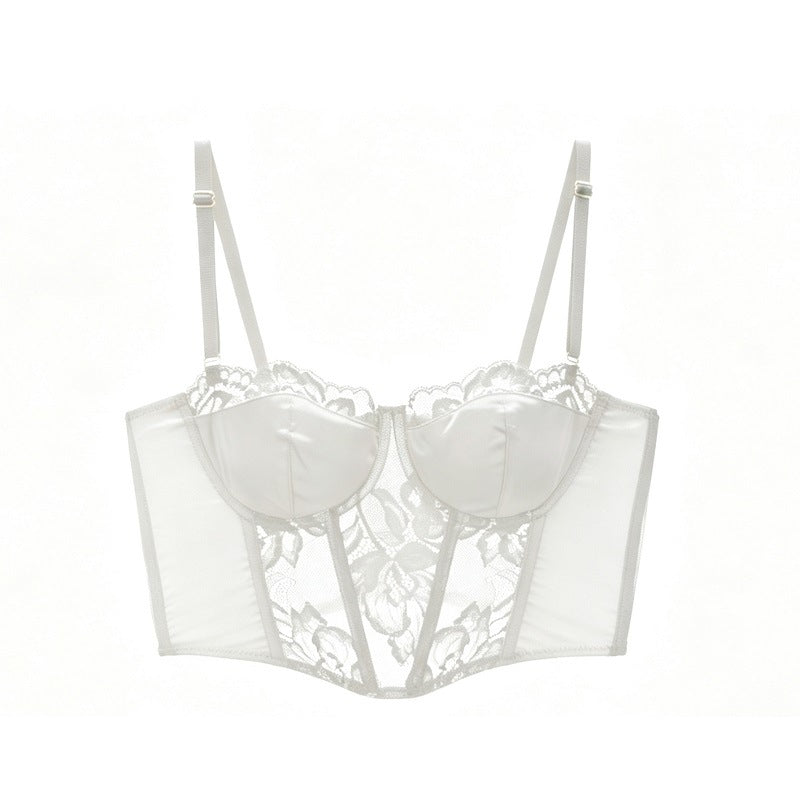Vest-style bra for women with small busts, featuring lace trim, underwire support, and a long design to enhance the bustline without wires