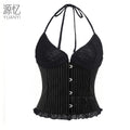 Foreign Trade in Europe and America y2k Wind hanging neck striped fishbone corset with lace patchwork, deep neckline v Spicy girl short body-shaping top for outer wear