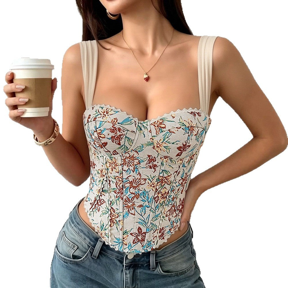 Retro printed fishbone corset camisole for women, designed for outerwear, with a stylish back, sleeveless, and a high-end, pure and sensual aesthetic