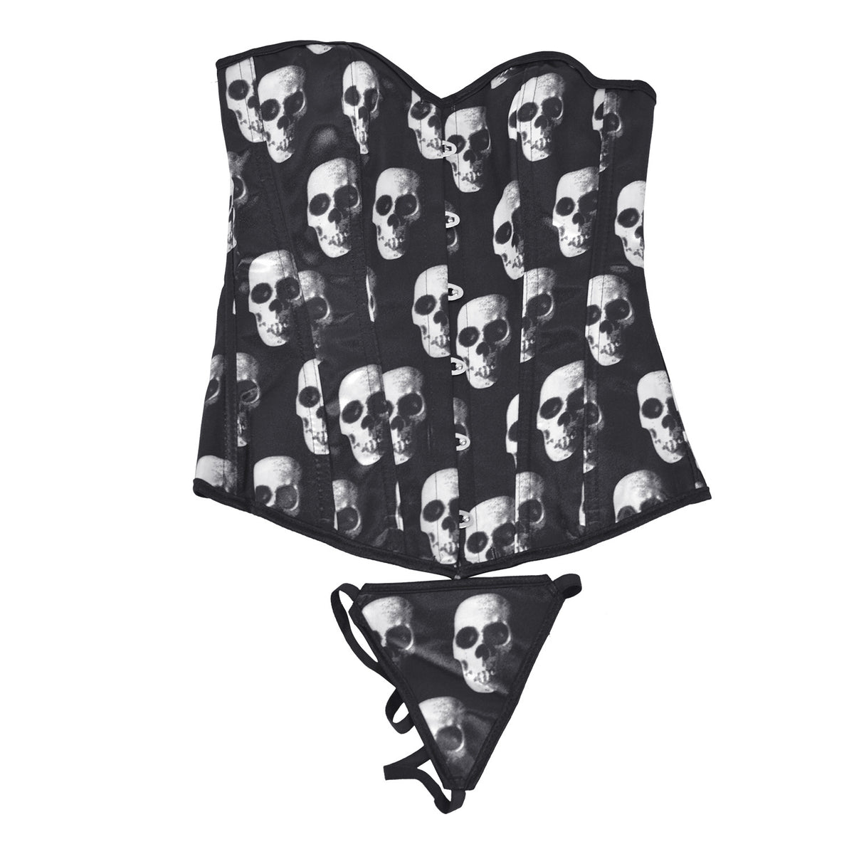 Skull French court fishbone corset, worn over a tube top, retro waist-cinching vest with back ties, shaping and body-sculpting garment