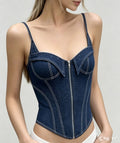 American retro denim camisole, summer hot girl style, with a fishbone design, waist-cinching effect, and a stylish zipper detail, perfect as an outer layer or a women's tank top