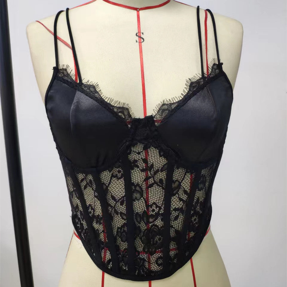 Cross-border e-commerce, Amazon, fishbone corset, lace, sheer, European and American style, hollow-out design, camisole, women's tank top, versatile