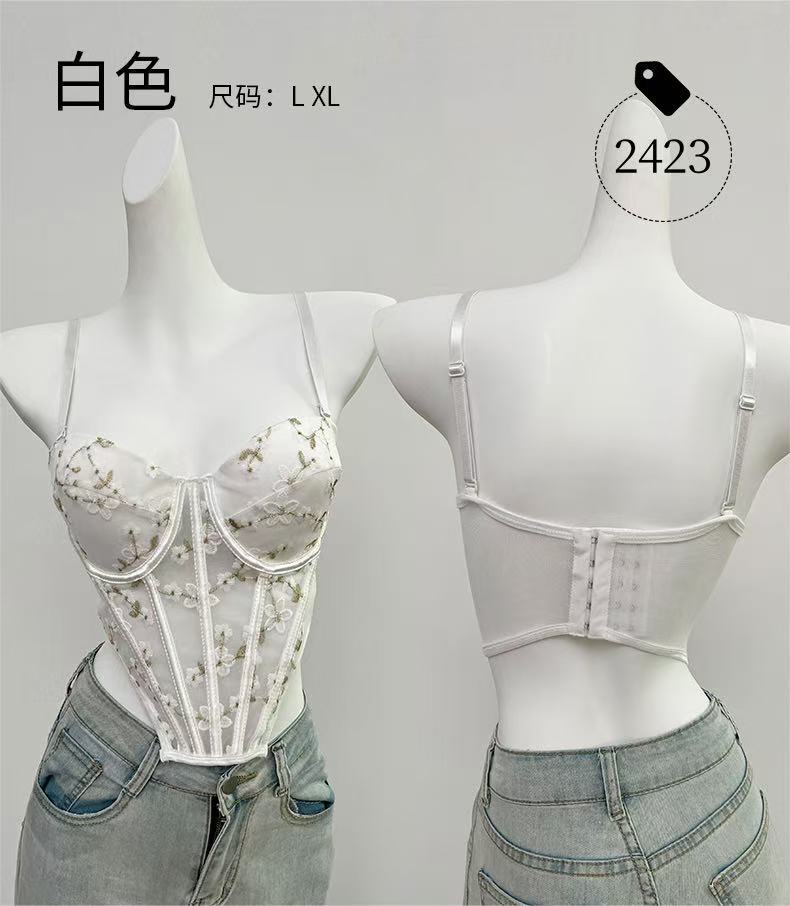 New cross-border floral embroidered fishbone corset, sexy halter top, summer outerwear, slim-fit tube top