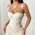 Cross-border new arrival: sexy and stylish top with three-dimensional floral embroidery, asymmetrical straps, underwire, and fishbone detailing R219
