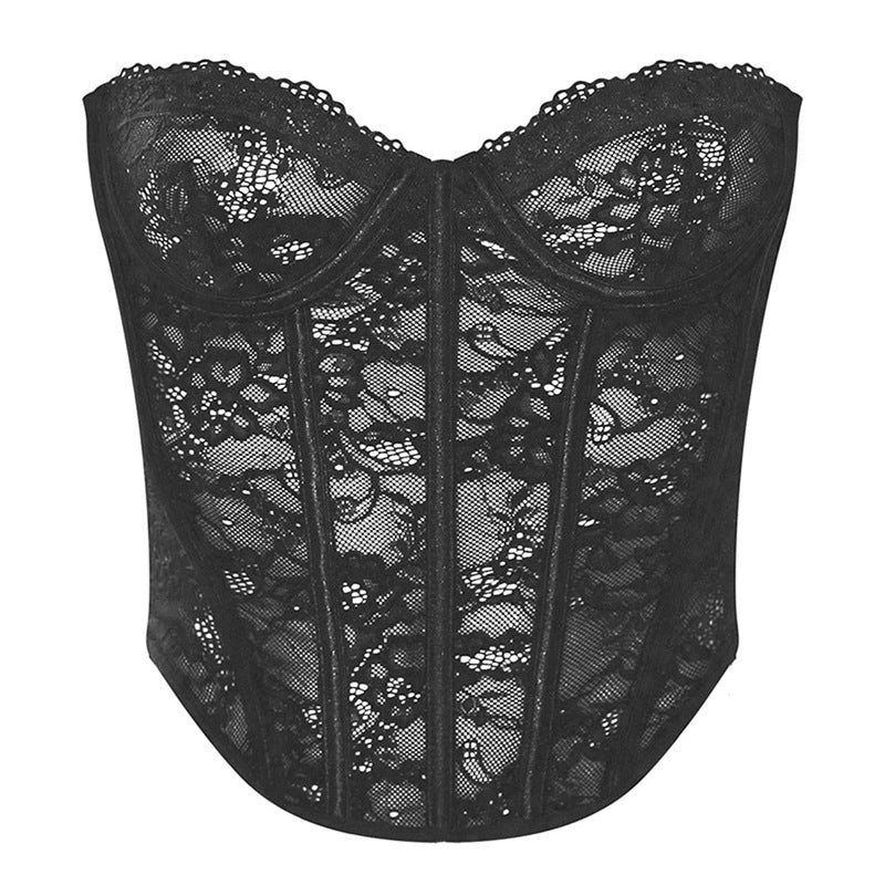 Cross-border European and American style sexy patchwork lace bustier with fishbone corset straps, women's backless camisole