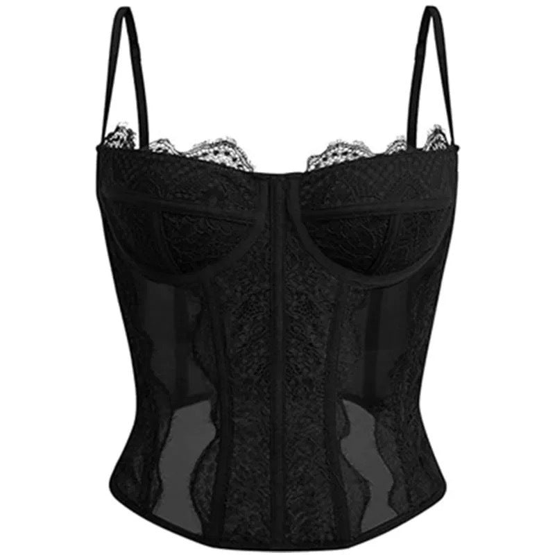 European and American style solid-color fashion fishbone corset, waist-cinching, slimming, and sexy lingerie, mesh camisole, can be worn as an outer garment, fishbone top