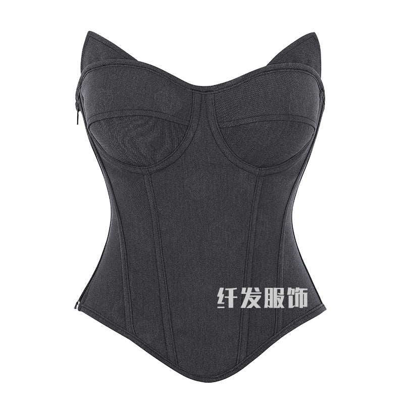 shein Autumn and winter cross-border bestseller: dark gray strapless top with cup, fishbone back design, rabbit ear detail, and built-in bra pads
