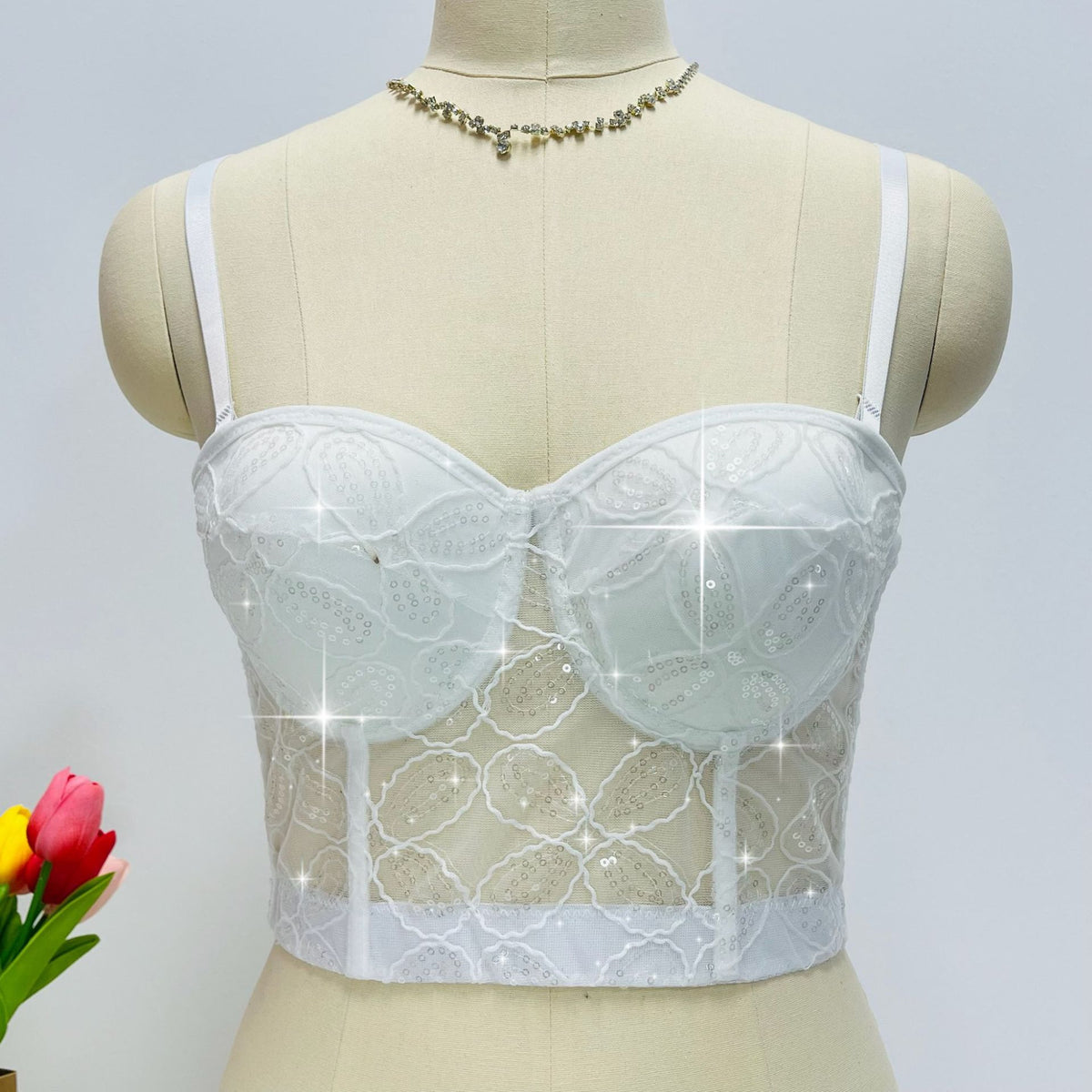 Source manufacturer wholesale geometric mesh sequin fishbone corset push-up party camisole fishbone top