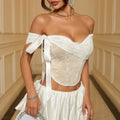 Summer elegant lace fishbone slim-fit off-the-shoulder top with tie detail, new cross-border style 71518