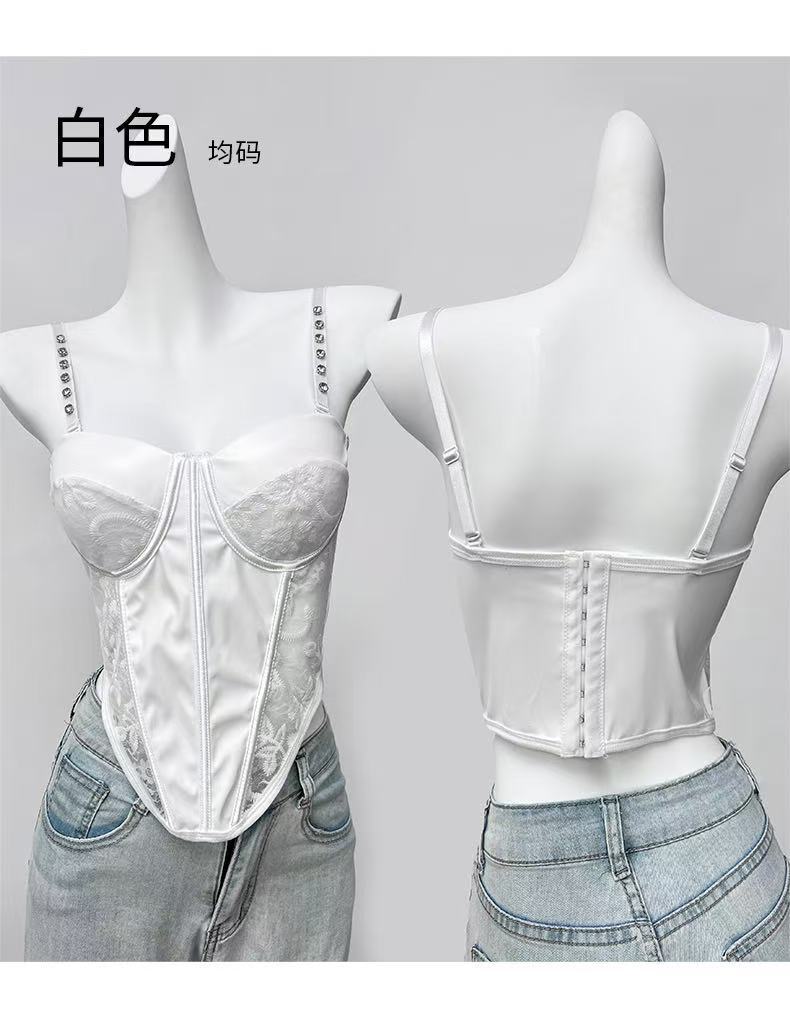 European and American style lace mesh leather camisole, a sexy tube top worn over other clothing, designed to shape and enhance the bust with a fishbone corset effect