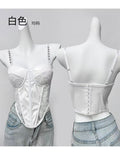European and American style lace mesh leather camisole, a sexy tube top worn over other clothing, designed to shape and enhance the bust with a fishbone corset effect