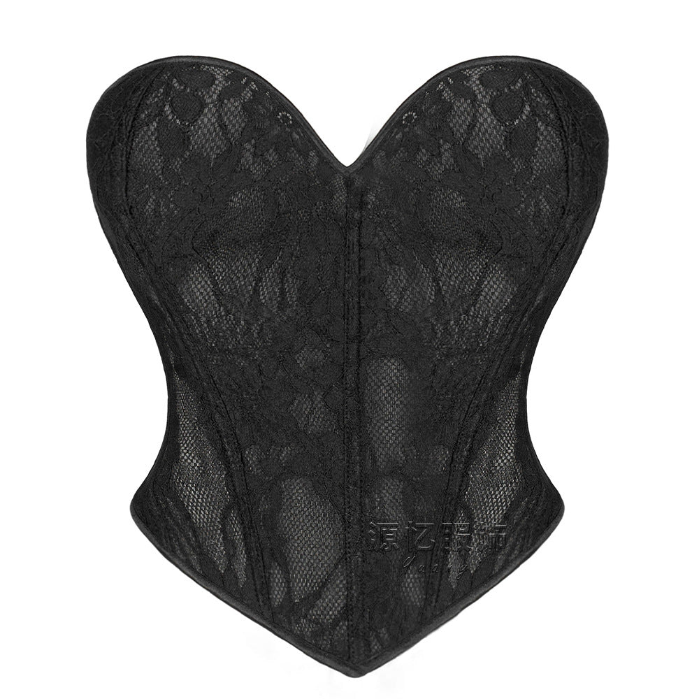 Cross-border European and American lace corset, double-layered, form-fitting, with fishbone support, shaping top, tight-fitting, and waist-cinching bodysuit2025New Product