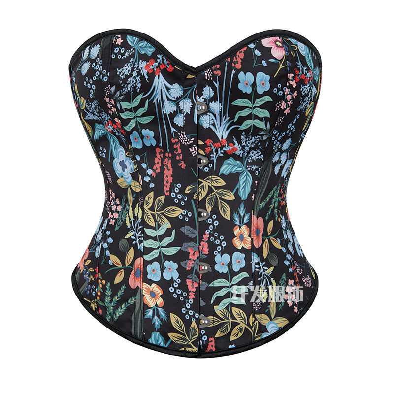 Vintage Court Style Fishbone Corset5Spring fashion plant and floral print, fresh and vintage style, fitted top