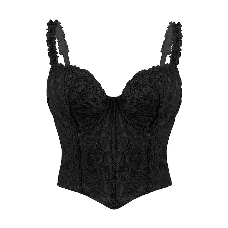 European and American style hollow-out bustier, featuring an irregular floral pattern, a retro French design, and a fishbone structure for a slimming effect on the waist and chest