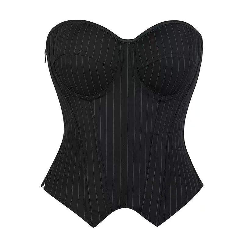 Cross-border small suit with built-in underwire cups, striped suit fabric, side zipper, and fishbone corset top for women