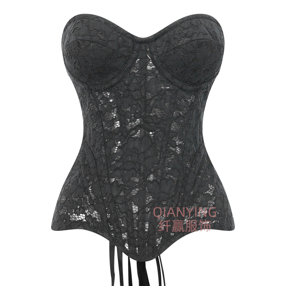 Hiyin TEMU European and American style court-style shapewear, featuring a hollowed-out lace bodice, a fitted design, a waist-cinching effect, and a fishbone-structured top