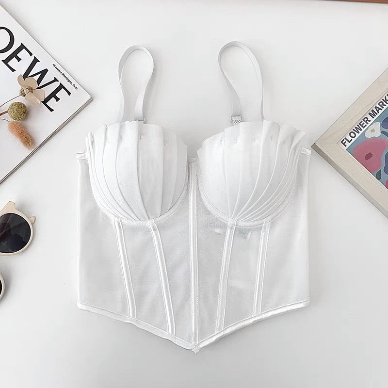 Sexy and versatile shell cup fishbone bra with an irregular design, slimming and figure-hugging camisole with a buttoned inner layer