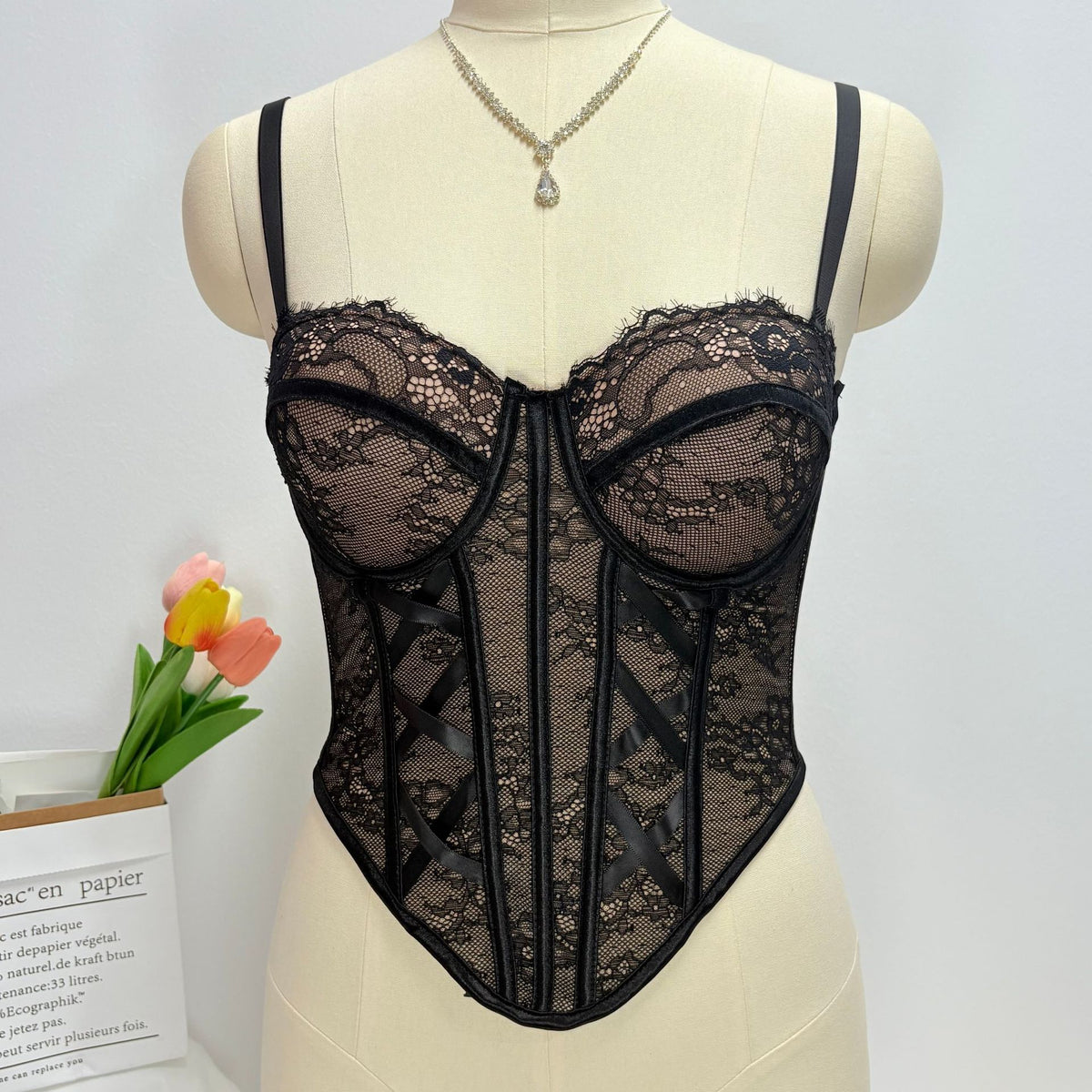 New high-end, sexy, and figure-flattering lace camisole with a fishbone design, perfect as an outerwear piece or as a lingerie top