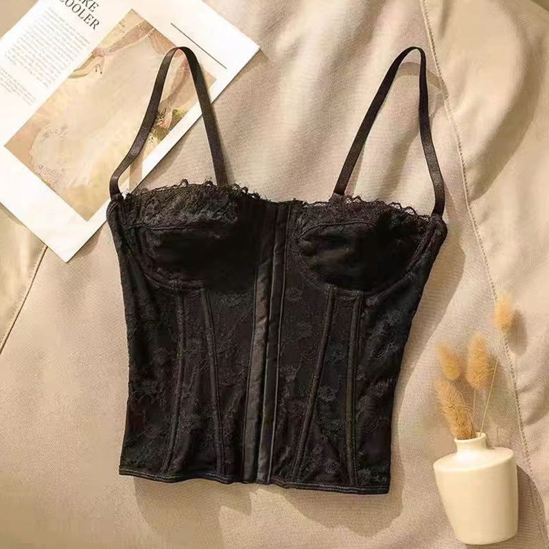 New fishbone-patterned, sexy, halter-neck, front-closure, underwire bustier with lace trim, women's body-hugging top