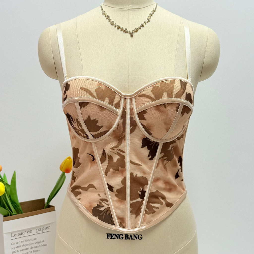 French-style European and American gold-foil printed fishbone top, camouflage camisole, slim-fit, sexy tank top, fishbone bra