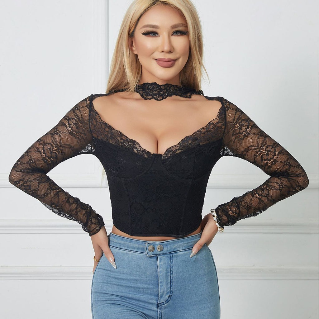 European and American cross-border lace hollow-out sexy hot girl fishbone slim-fit low-cut long-sleeve top with a see-through back for women