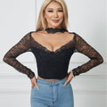 European and American cross-border lace hollow-out sexy hot girl fishbone slim-fit low-cut long-sleeve top with a see-through back for women