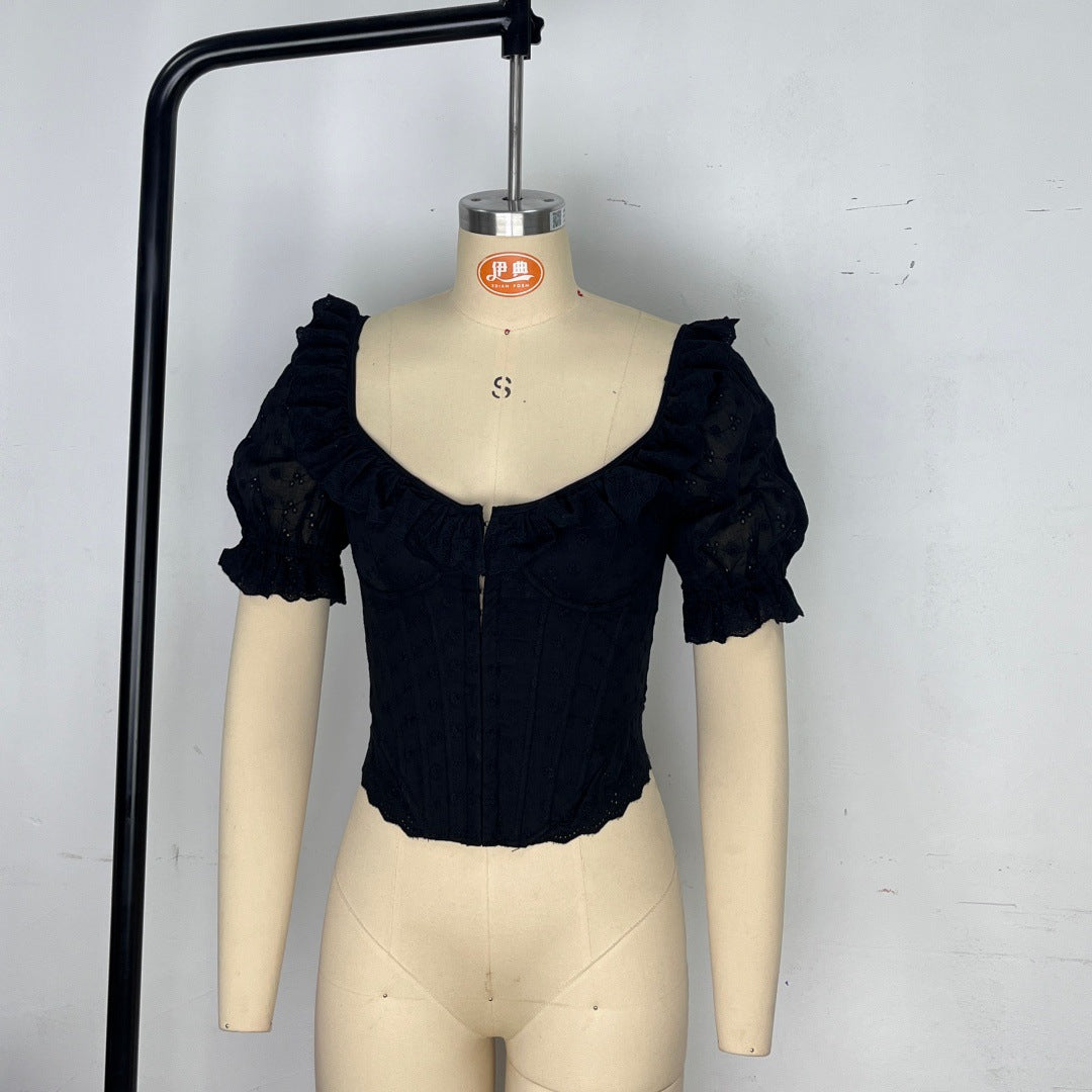 European and American cross-border slim-fit fishbone lace top, French-style puff sleeves, waist-cinching, backless, slimming women's tube top