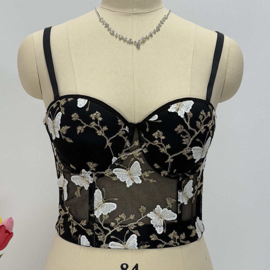 Cross-border foreign trade sexy butterfly mesh crop top with fishbone design, underwire, and waist-cinching effect, European and American style bra