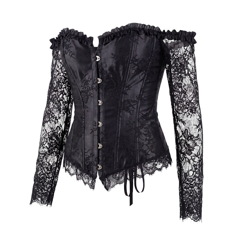 European and American evening gown with fishbone corset, waist-cinching, tummy-control, bust-supporting, one-shoulder neckline, mid-sleeve, body-shaping, court-style corset top