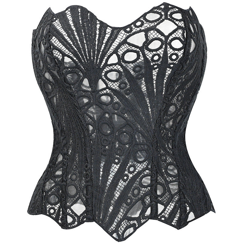 European and American French court-style shapewear, featuring an asymmetrical lace bodice, fishbone design, mesh panels, and a printed pattern