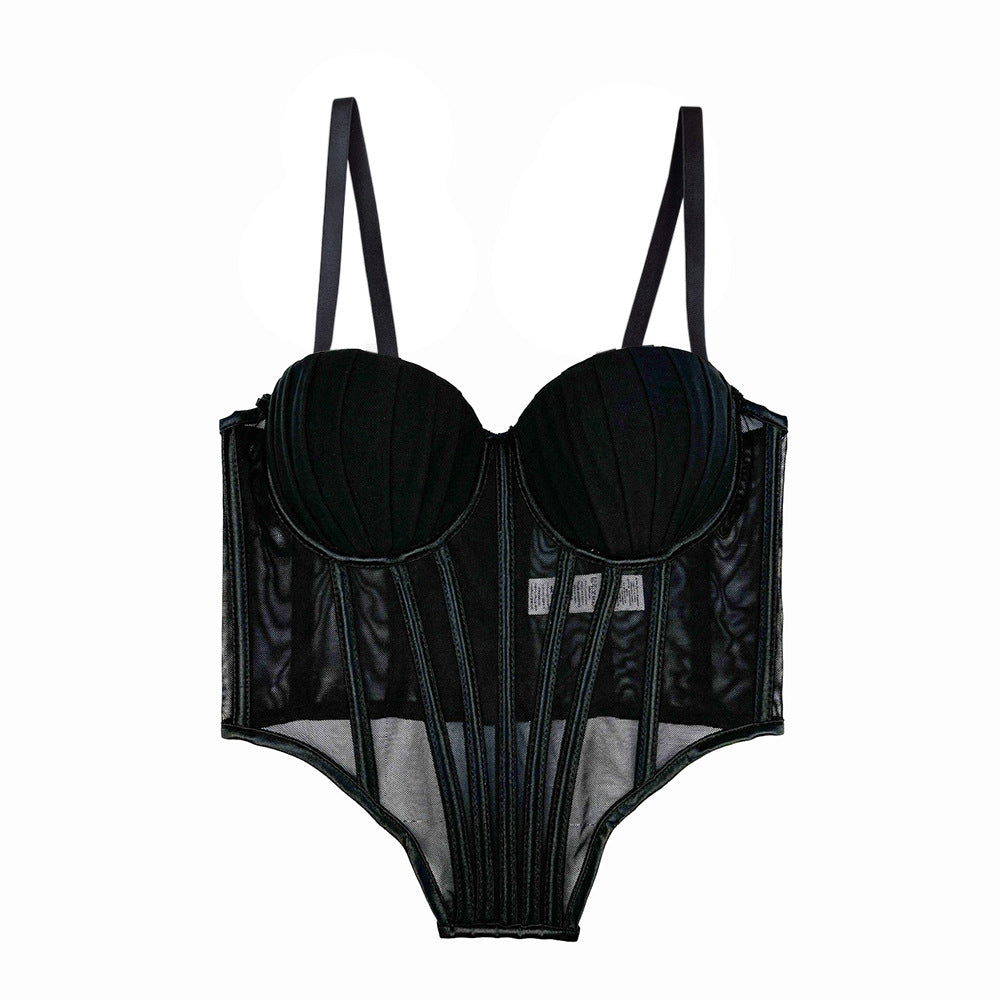 American-style spicy girl high-end pleated crop top with long front and short back, irregular mesh straps, sexy fishbone design, suitable for wearing as an outer layer