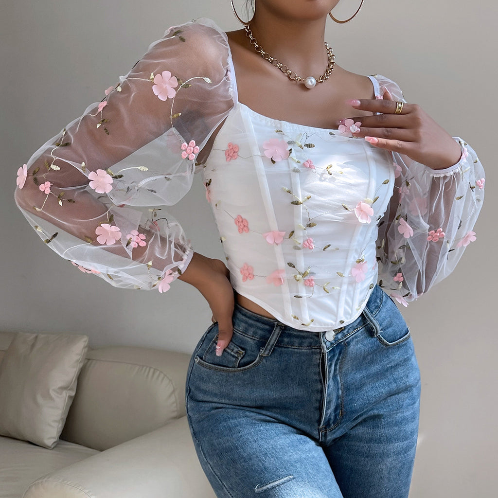Cross-border European and American women's fashion ins Windy style mesh see-through embroidered floral double-layer fishbone long-sleeve corset60706