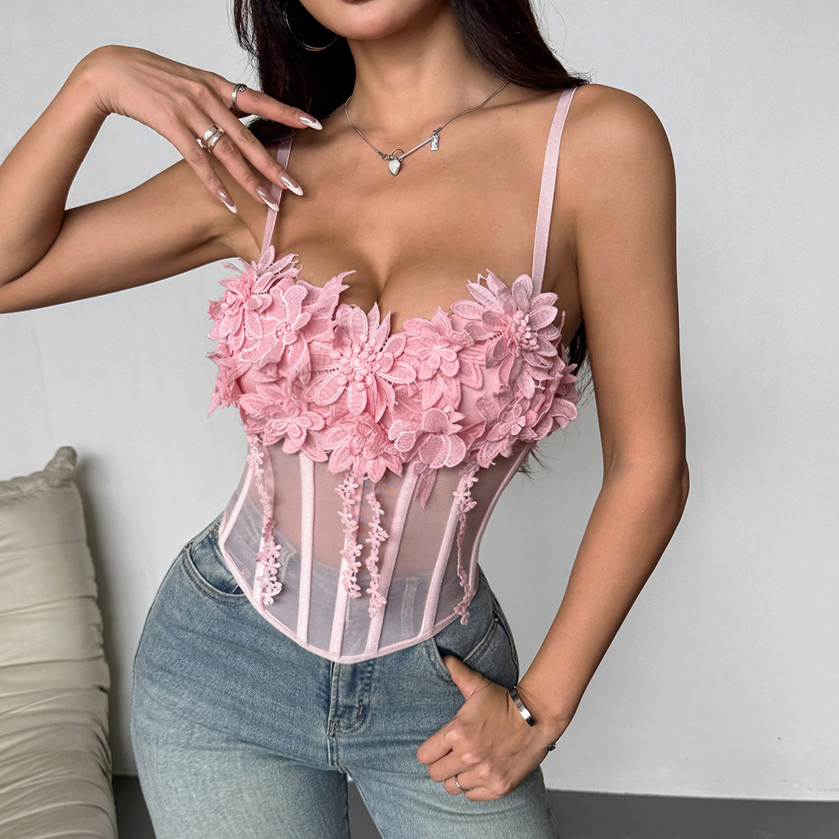 Cross-border European and American style, French-inspired, three-dimensional floral embellishments, sheer mesh, sexy fishbone design, and a push-up effect for a flattering silhouette11843