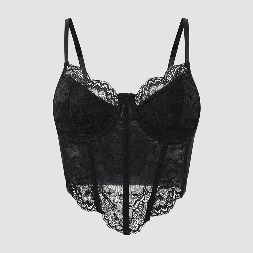 European and American style sexy lace underwire diamond-patterned fishbone cutout see-through hot girl slim-fit camisole for women with lace straps