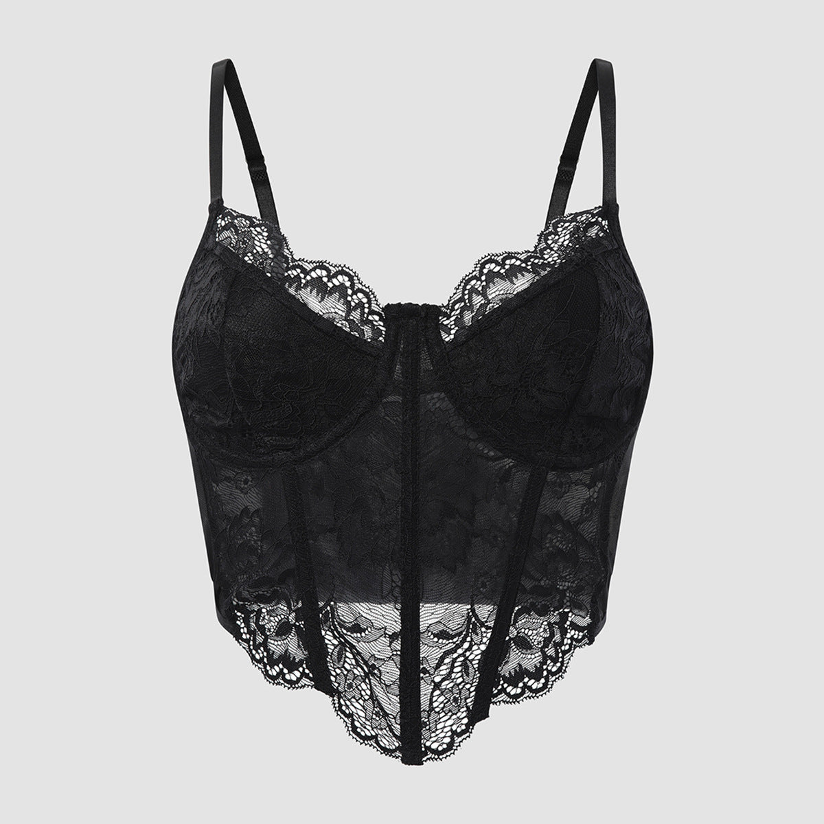European and American style sexy lace underwire diamond-patterned fishbone cutout see-through hot girl slim-fit camisole for women with lace straps