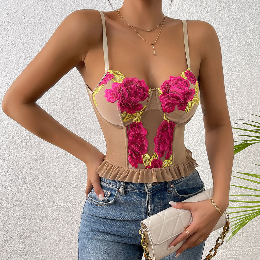 Cross-border European and American street style sheer patchwork embroidered lace ruffled versatile underwire fishbone camisole top60864