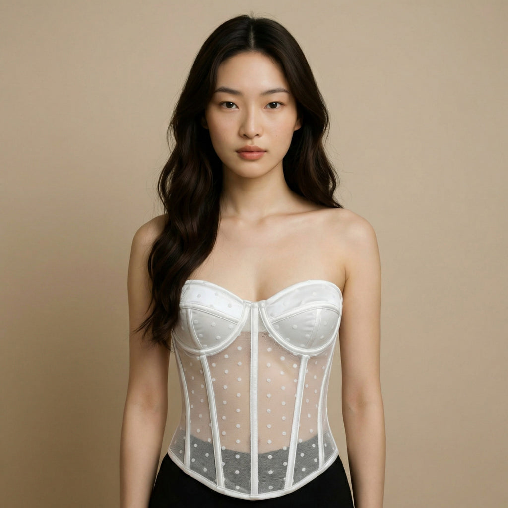 European and American style sheer mesh fishbone shaping top, dotted mesh, pure desire innerwear, bralette, strapless lingerie, women's bustier