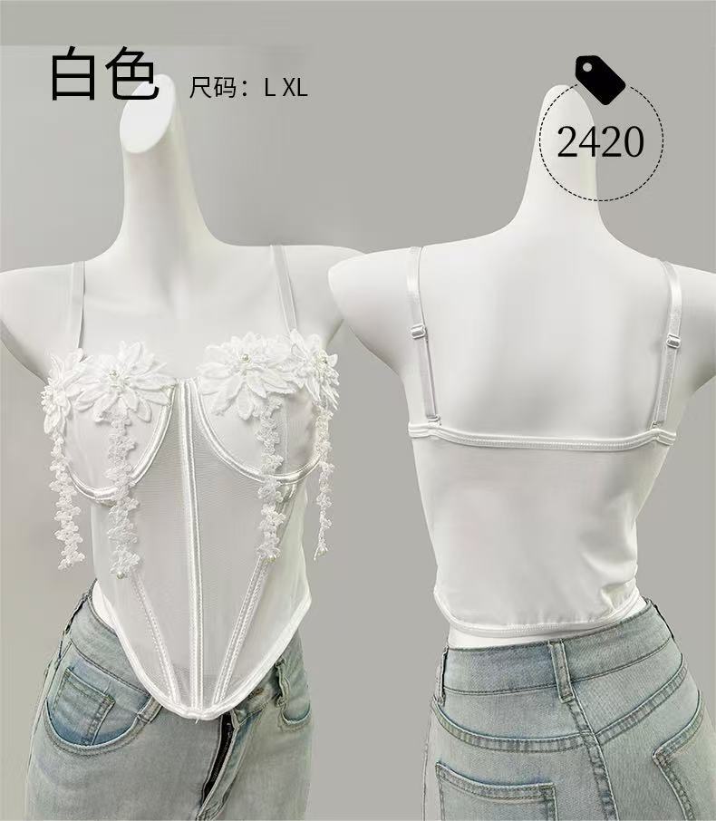 Sweet and elegant fishbone floral mesh camisole, niche retro style, waist-cinching, slimming, short vest for women